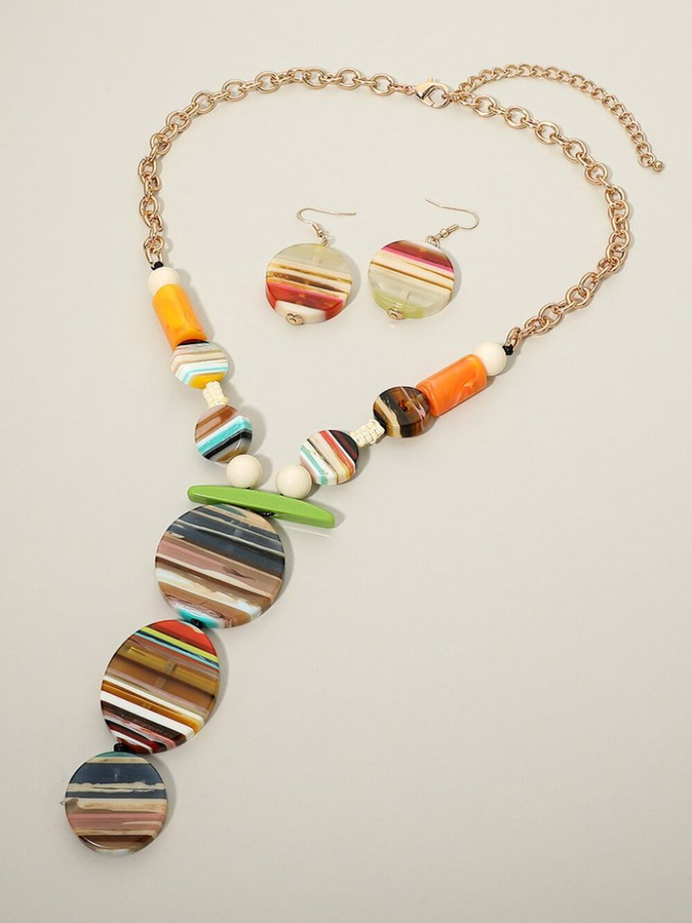 Abstract Fall Colors Pattern Geometric Resin Beaded Statement Necklace Earrings - Picture 2 of 5